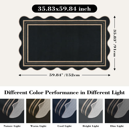 LORWER Scalloped Easy Jute 3x5 Outdoor Rug, Washable Rugs for Entryway Black Front Door Mat, Farmhouse Neutral Non Slip Indoor Carpet for Patio Living Room Backyard