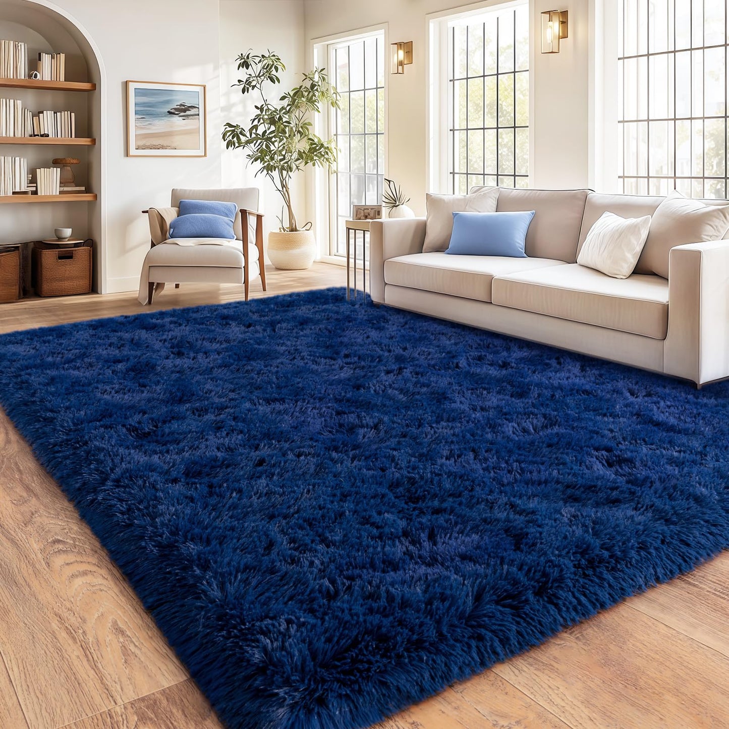 Shag Area Rugs for Living Room, Soft Fuzzy Plush Rugs, Upgrade Anti-Skid Modern Furry Rugs Fluffy Carpets for Kids Room Nursery Home Decor Dark Blue, 6X9 Feet