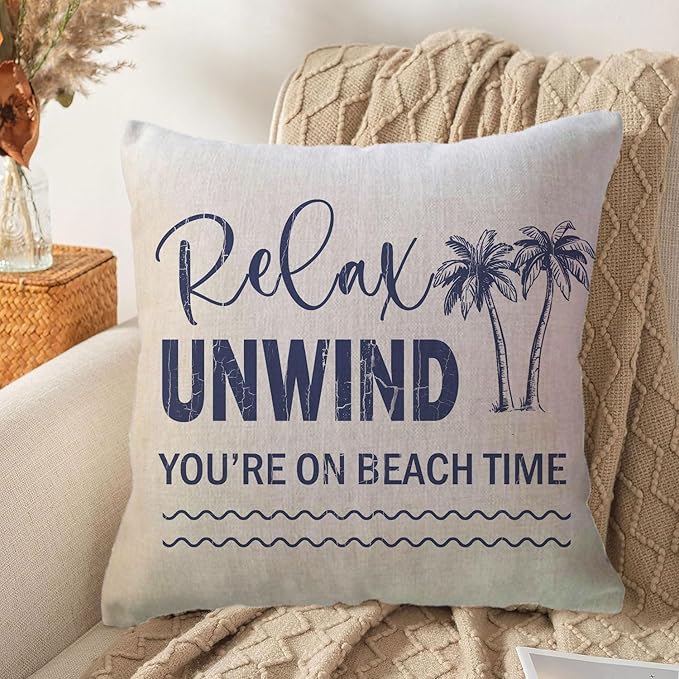 ULOVE LOVE YOURSELF Coastal Beach Throw Cushion Covers Double-Sided Tropical Palm Paddles Anchor Starfish Summer Beach House Decorative Pillowcase 18 x 18 Inch 4Pack Porch Patio Decor (Blue)