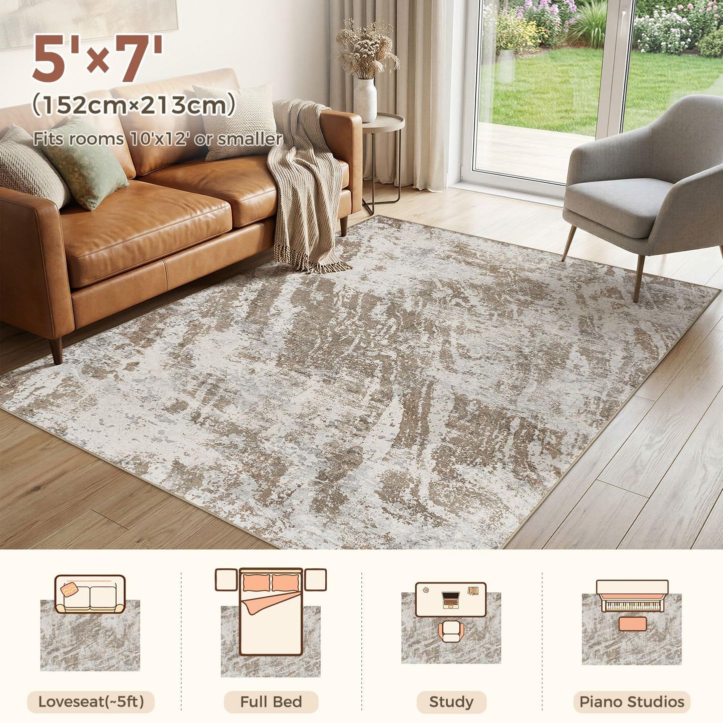 DMOYEST 5x7 Washable Area Rug: Abstract Modern Non-Slip Carpet, Soft Low Pile Indoor Neutral Easy Clean Floor Rugs for Living Room Bedroom Dining Room Kids & Pets - Brown