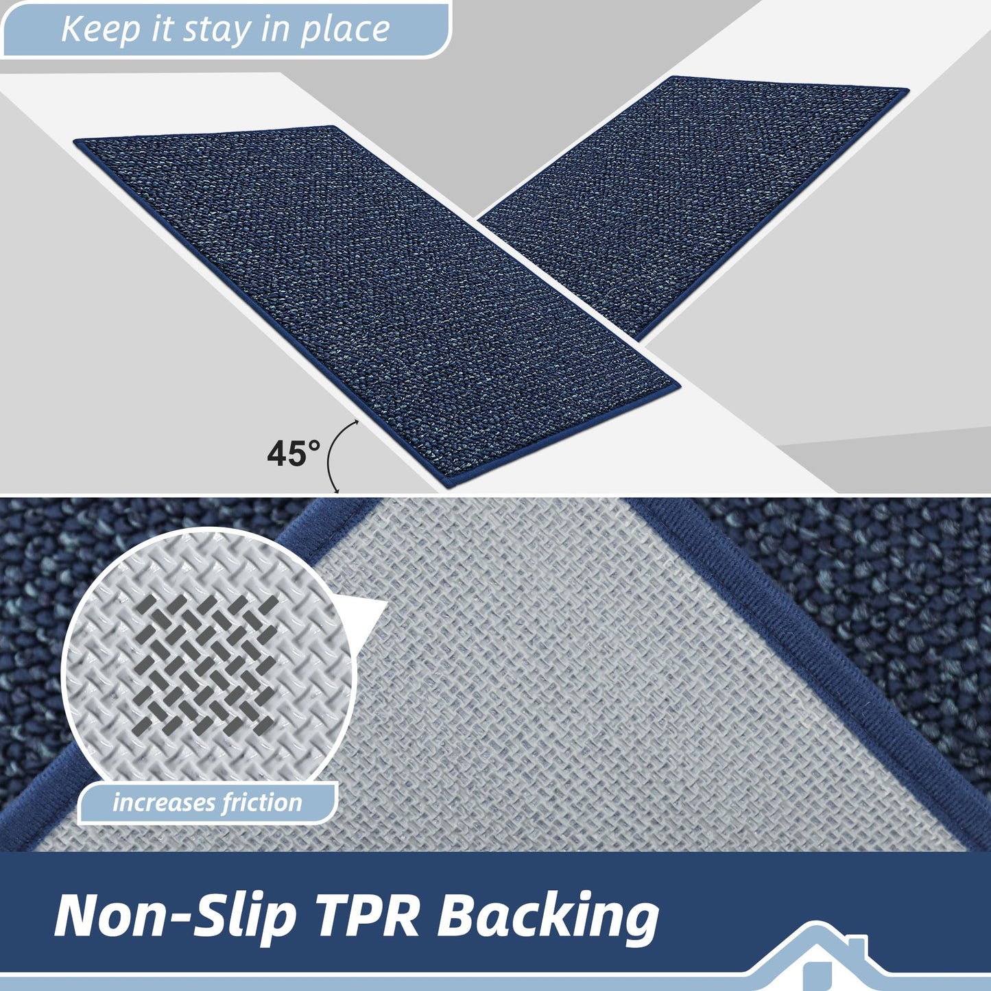 BEQHAUSE Kitchen Runner Rugs 24"x60", Non-Slip Kitchen Mats for Floor, Super Absorbent and Stain Resistant Kitchen Rug, Machine Washable Rugs for Kitchen, Hallway, Laundry & Sink, Blue