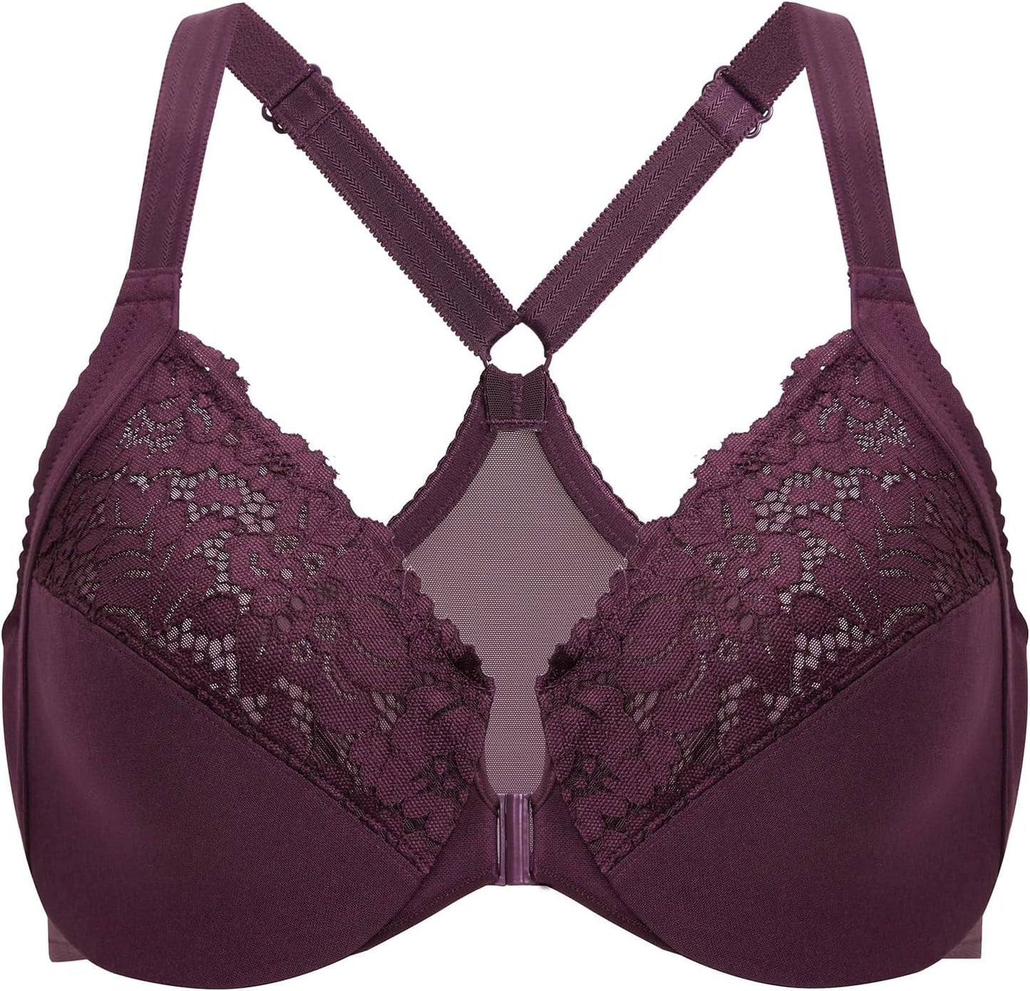 DELIMIRA Women's Front Closure Plus Size Full Coverage Lace Underwire Racerback Bra