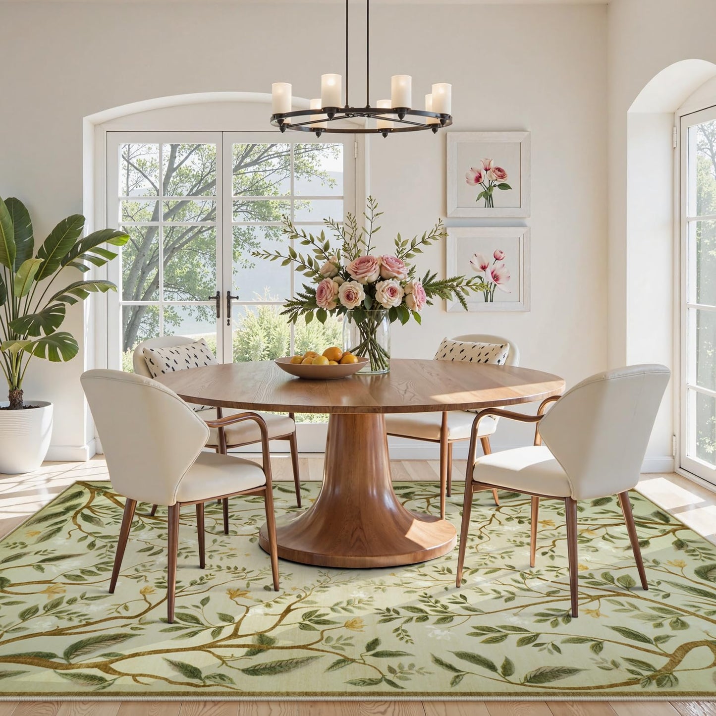 Collive Washable 5x7 Area Rugs, Green Living Room Bedroom Rug, Floral Forest Botanical Flourishing Vines Soft Non-Slip Stain Resistant Boho Carpet for Dining Room Office