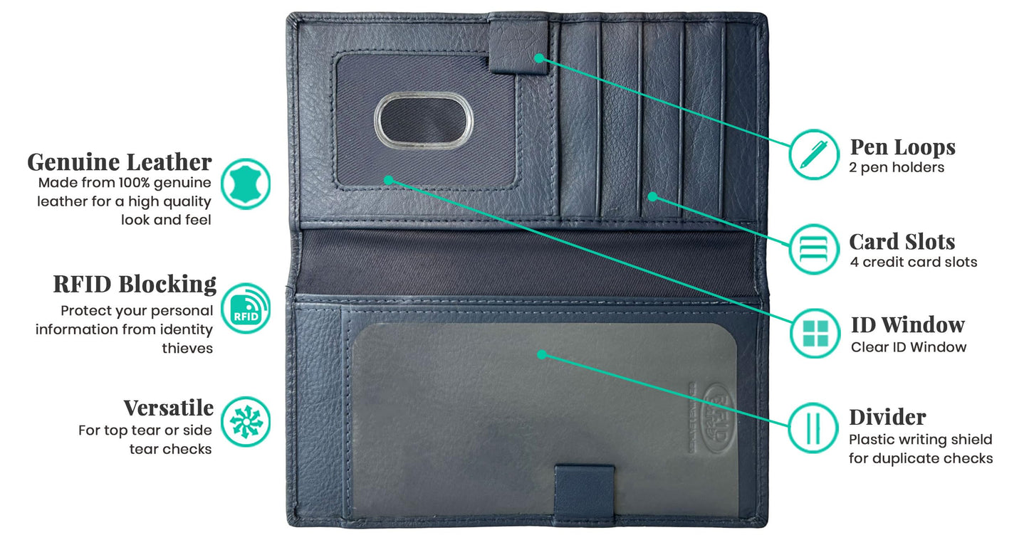 123 Cheap Checks Navy RFID Leather Checkbook Cover With Credit Card Slots and Pen Holder
