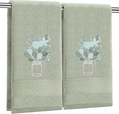2 Pcs Eucalyptus Hand Towels Gray Green Bathroom Decor 14x29 Inch Embroidered