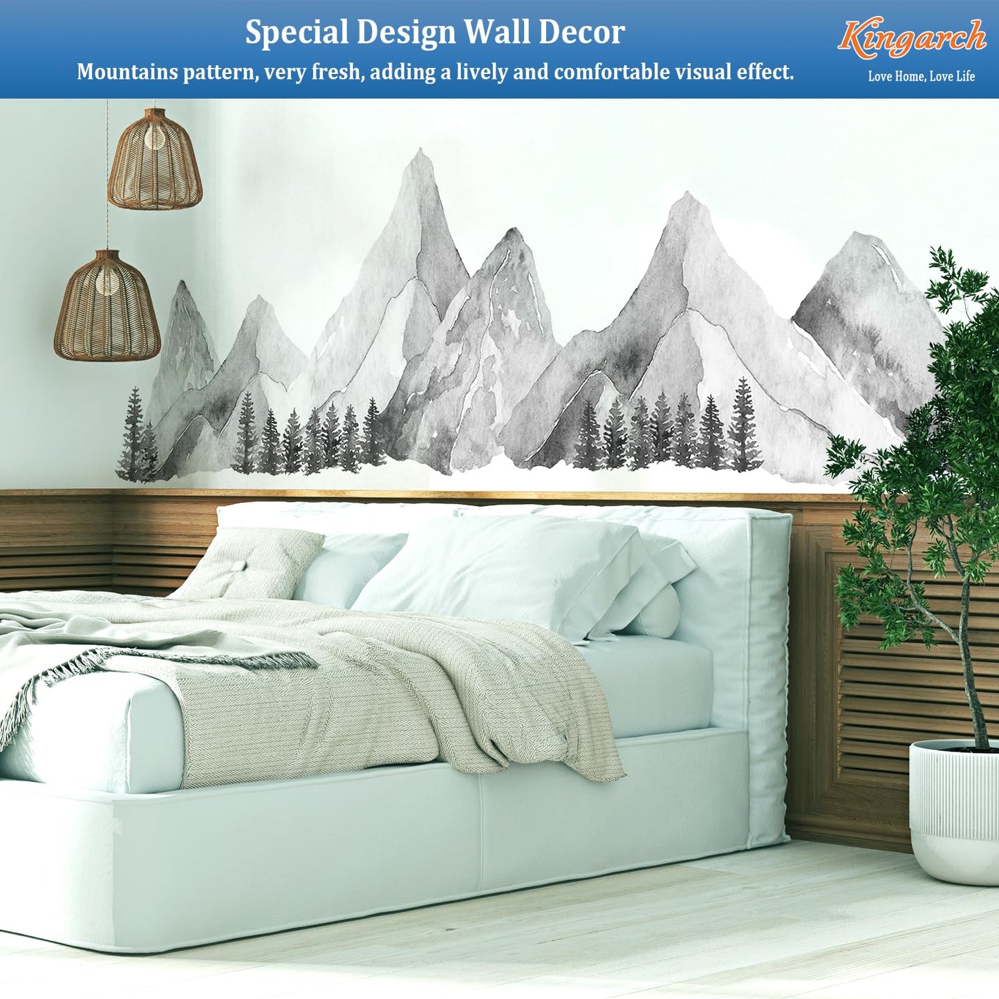 Large Mountain Wall Decals, Gray Pine Tree Peel and Stick Vinyl Wall Stickers & Murals, Removable Home Room Wall Decor for Bedroom Living Room Bedroom Classroom Office Nursery