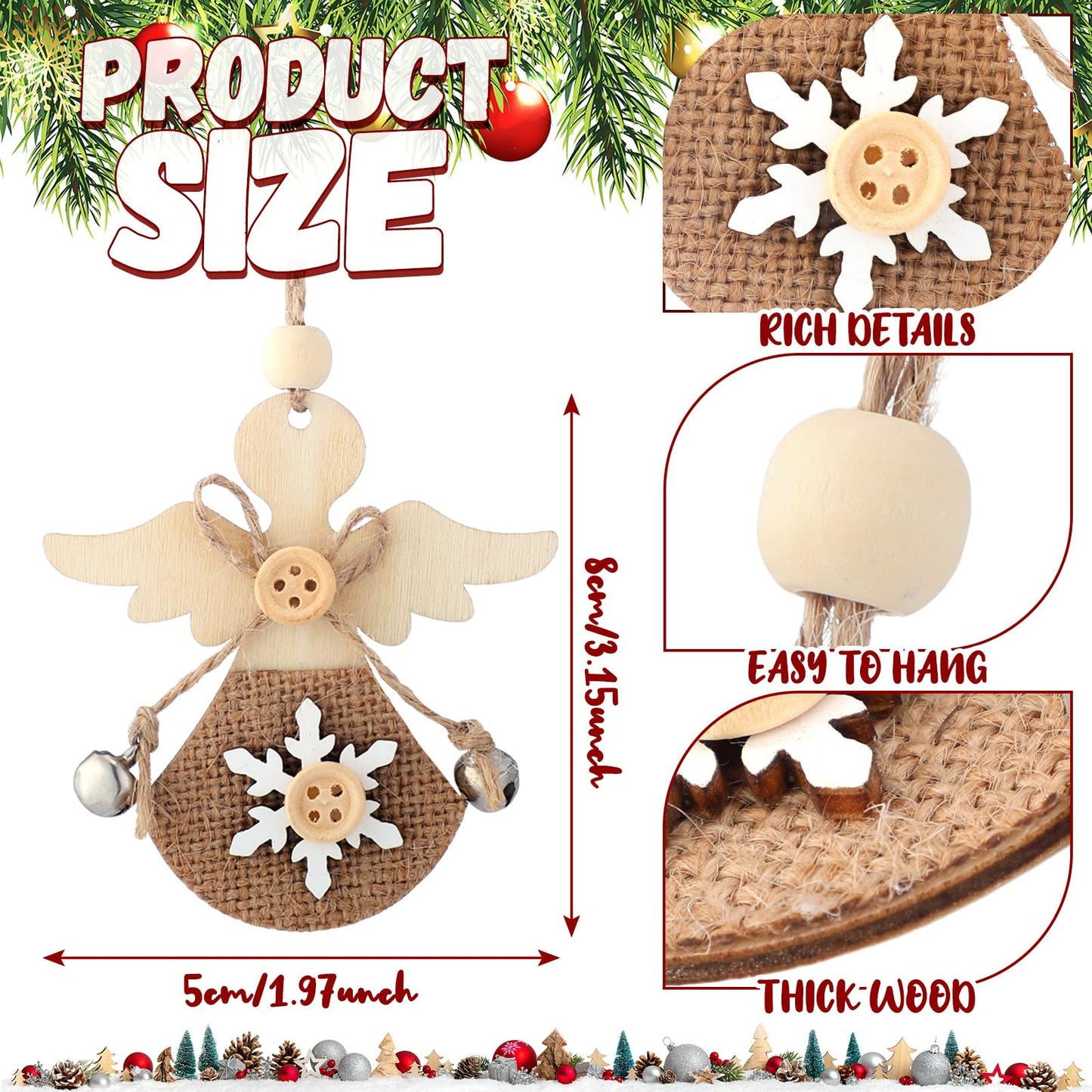Soaoo 20 Pcs Rustic Christmas Wooden Ornament Set Farmhouse Reindeer Star Wood Ornaments Wood Christmas Tree Decorations with Burlap Rope Bell 10 Style Decorative Hanging Decor for Xmas Home(Rustic)