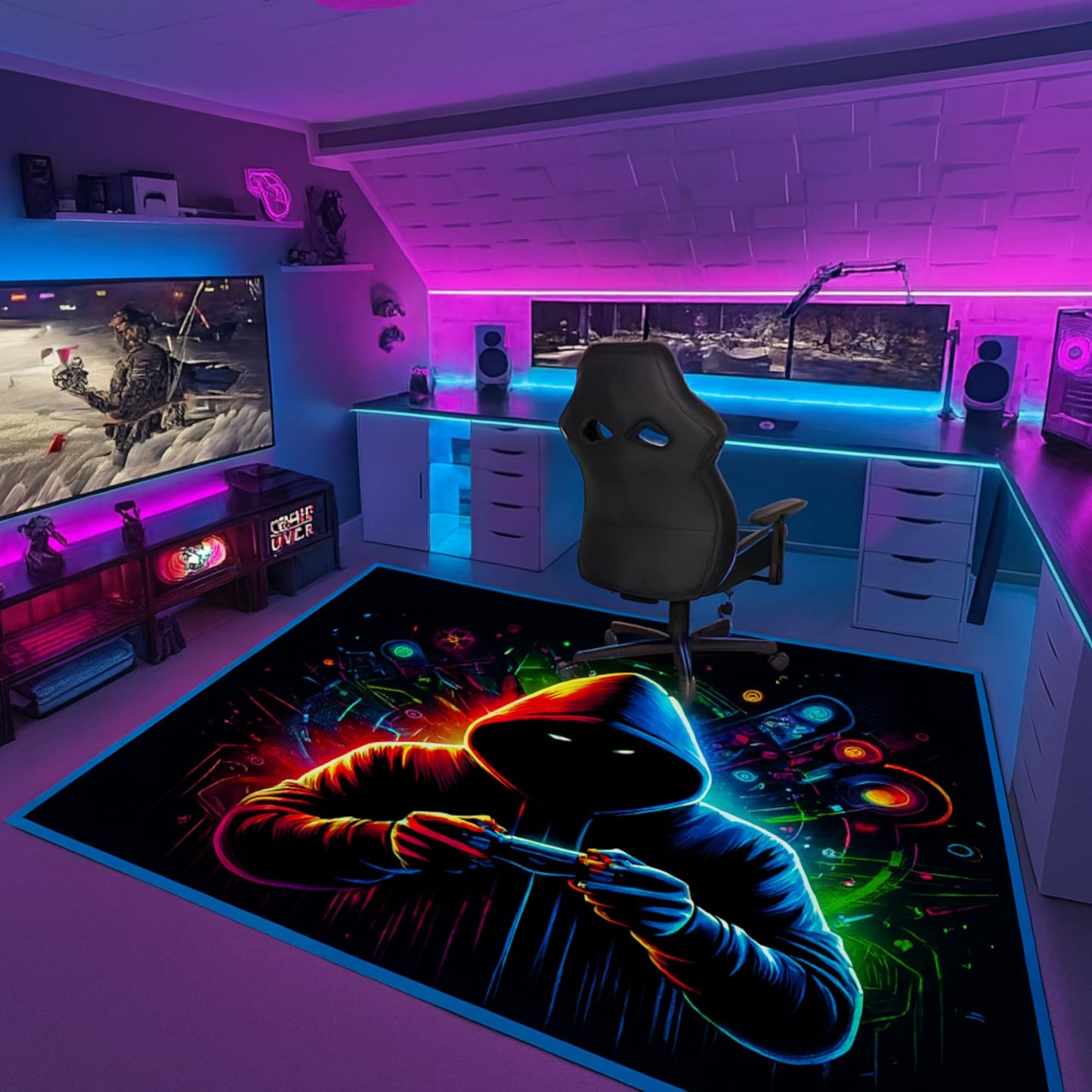 DEALZOOM Gaming Rug RGB LED Light (3x5 Gamer) - Bedroom Gamer Rug Floor Mat Gaming Decor - Kids Room Rug Anti Slip Mat for Chair – Play Game Room Décor for Teen, Boys, Kids
