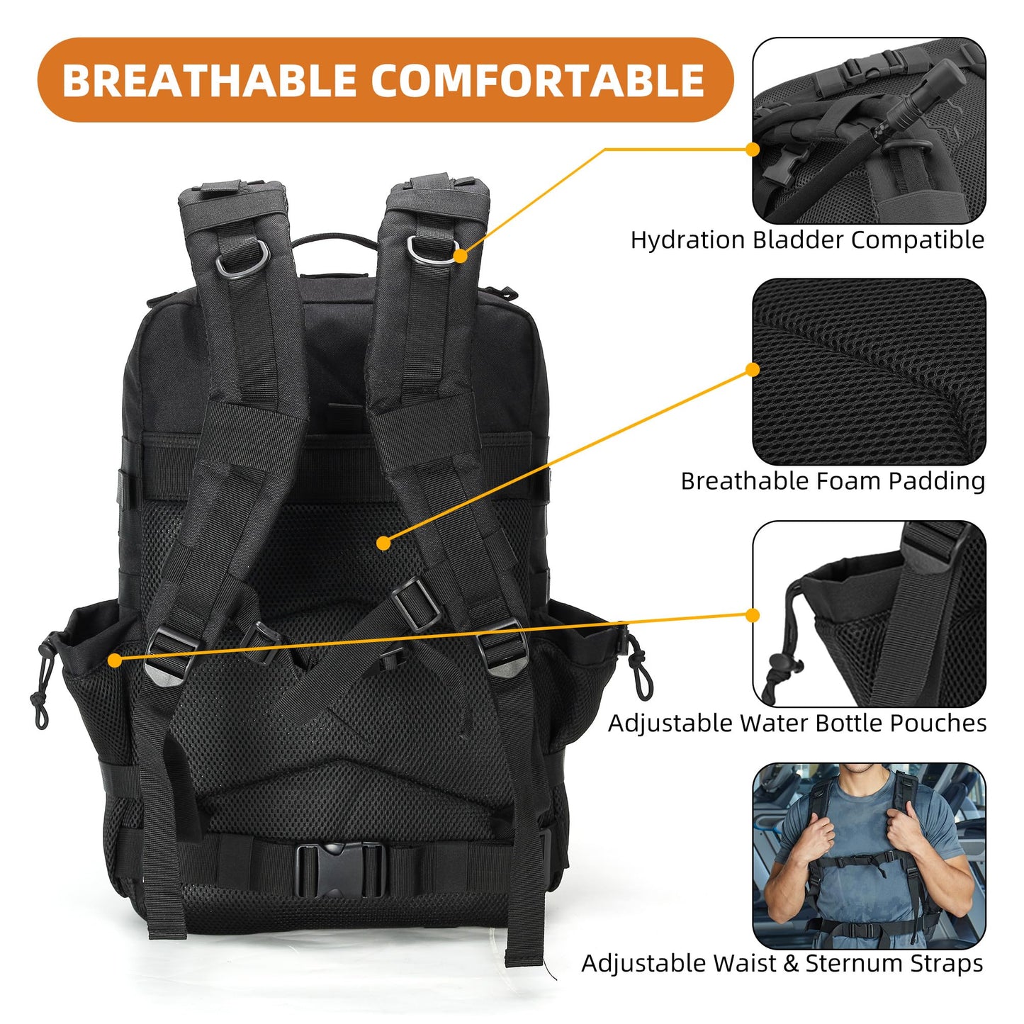 gracedon Military Tactical Backpack for Men and Women Army Camping Daypack Bug out Bag 45l Asault Pack for Travel Hiking (Black)