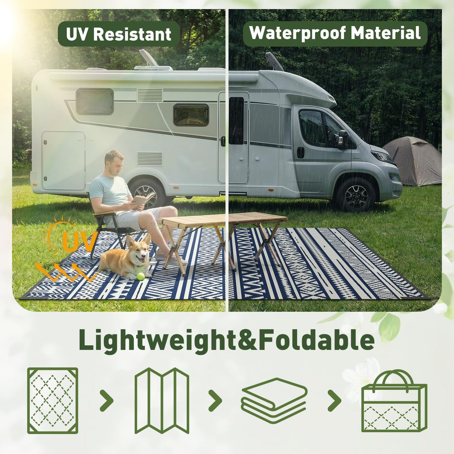 MontVoo Outdoor Rug 8x10 Waterproof Outdoor Patio Rug Mat Reverisble Plastic Straw Outdoor Rug for RV Camping Picnic Beach Balcony Boho Navy Blue