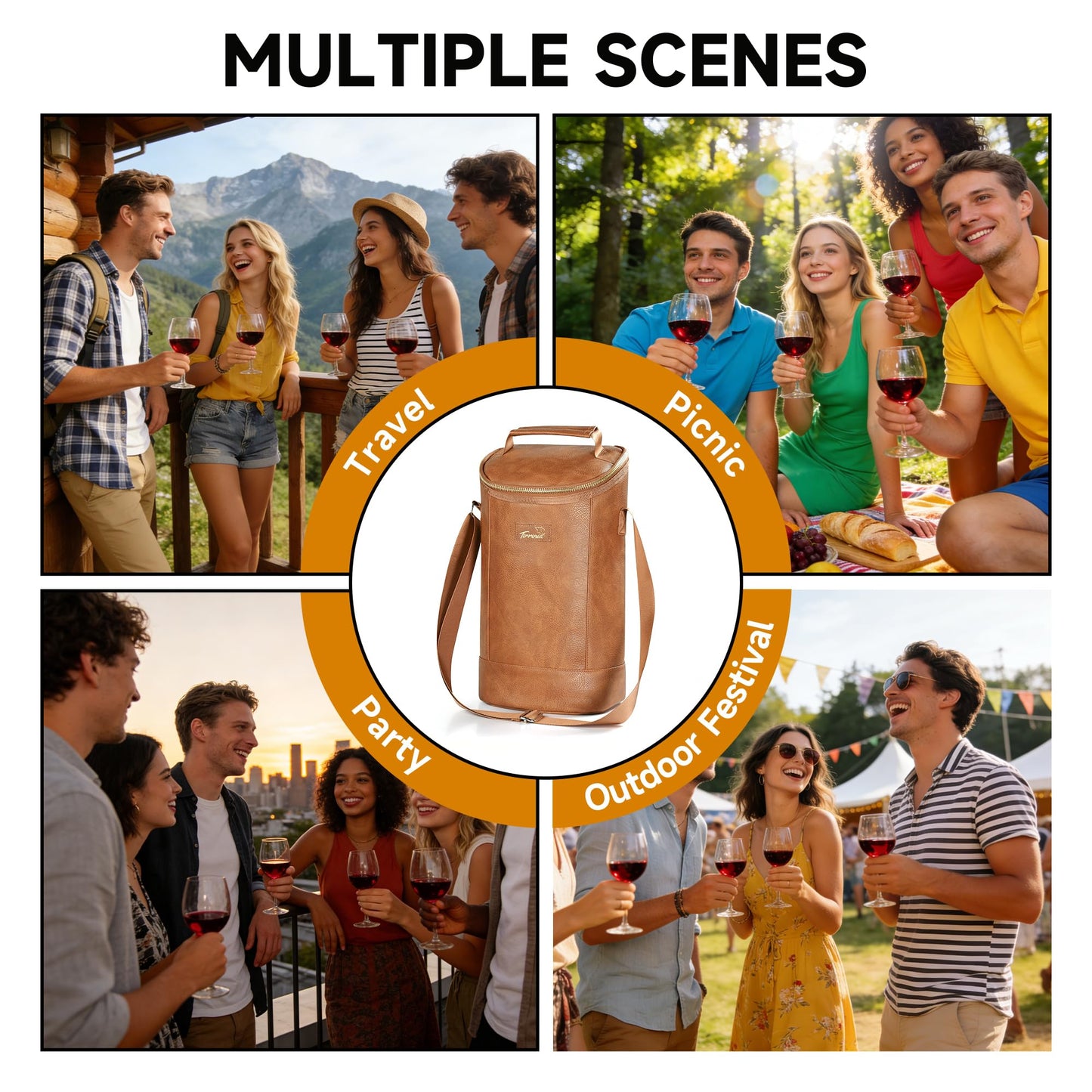 Tirrinia 2 Bottle Wine Carrier Bag, Insulated Wine Tote Cooler Bag with Shoulder Strap, for Travel, Picnic, BYOB & Christmas for Wine Lovers, Brown