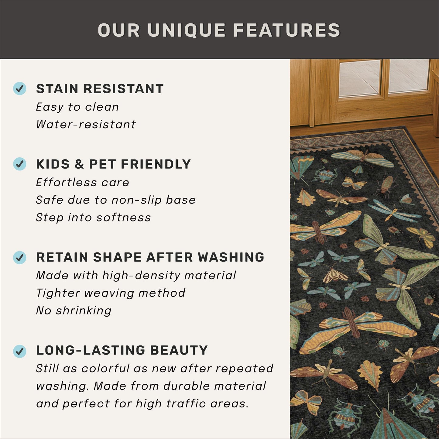 Washable 5x7 Black Rug for Living Room - Foyer Rugs for Entryway, Bedroom, Home Office, Gothic Witchy Insect Bug Floral Retro Indoor Décor