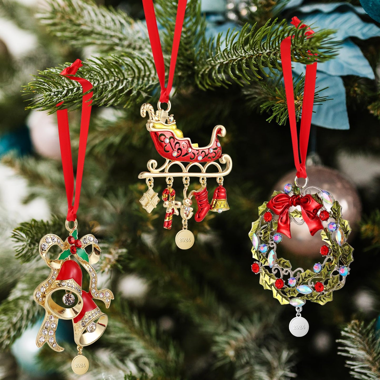 3 Pcs 2026 Christmas Crystals Hanging Ornaments Snowflake Snowman Holiday Ornament Shimmer Metal Bell Wreath on Ribbon with Gift Box for New Year Gift Xmas Tree Sun Catcher Home Hanging Decor(Holiday)