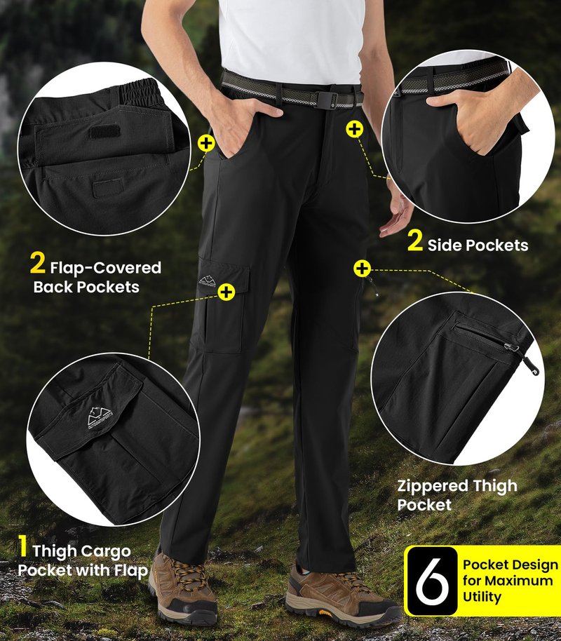 TBMPOY Men's Hiking Pants Lightweight 6 Cargo Pockets Quick Dry Water Resistant Outdoor Travel Work Fishing Black 36