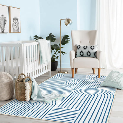 Lahome Abstract Washable Rugs, 4x6 Blue Rug for Bedroom Nursery Soft Non Slip Modern Living Room Rug, Ultra-Thin Non-Shedding Throw Carpet for Entryway Kitchen Office Darrell(4'x6',Blue/White)