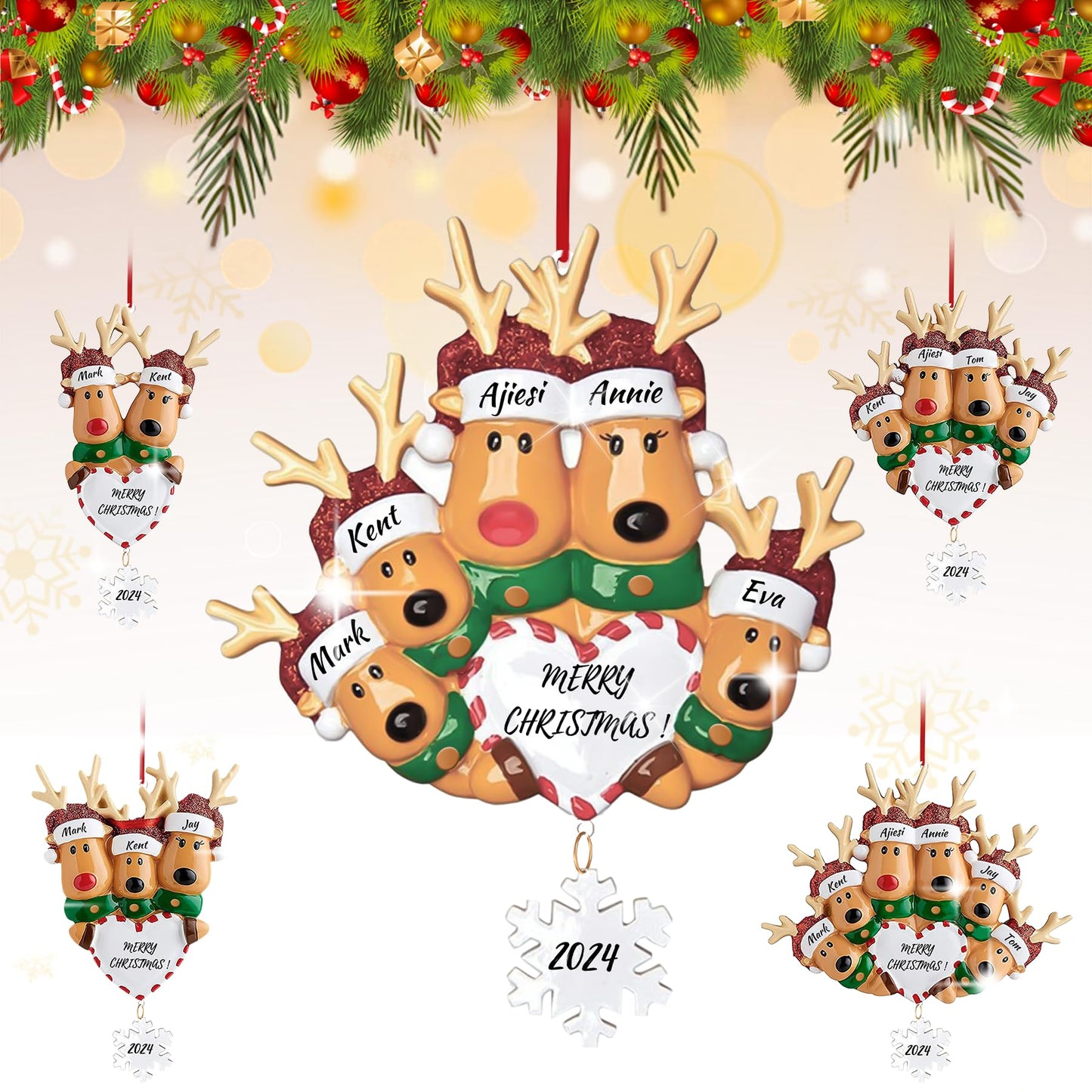 Personalized Heart Reindeer Christmas Ornaments 2025 - Custom Resin Elk Deer Ornament for Christmas Tree, DIY Family Name Hanging Pendant, Ornament for Friend & Family (Family of 5)