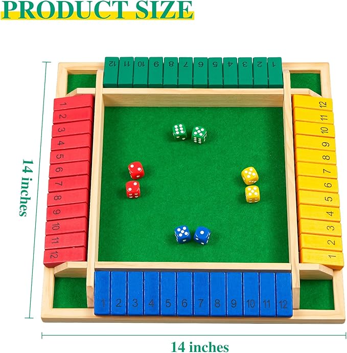 14 inches Shut The Box Dice Game 2-4 Player Upgraded 12 Numbers Wooden Board Table Math Games for Adults and Kids 12 Dices Classics Tabletop Version Games for ClassroomHomeParty or Pub