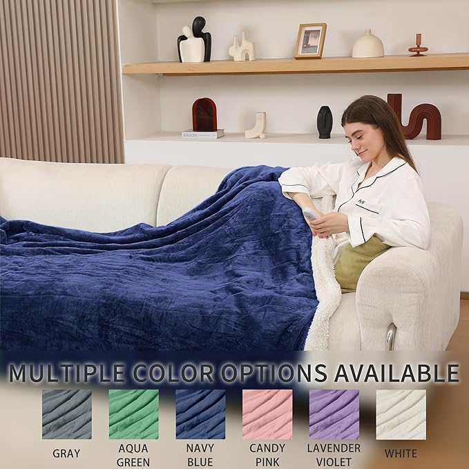 Electric Heating Blanket Queen Size, Cozy Flannel Sherpa Heated Electric Blanket with 5 Heating Levels & 10 Hours Auto Off, Overheat Protection, Machine Washable Heated Blanket, 84" x 90", Navy Blue
