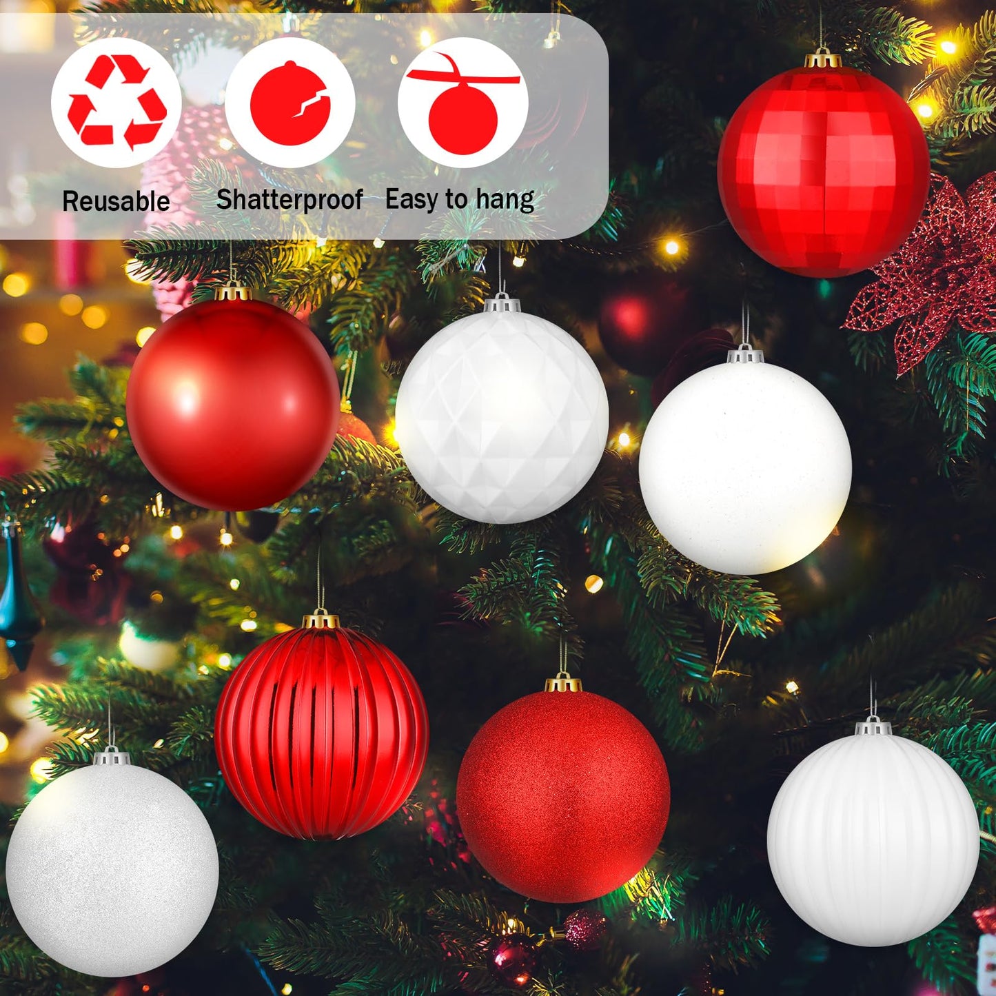 Jenaai 6 Inch Large Christmas Ball Ornaments Giant Jumbo Shiny Christmas Ornament Extra Large Balls with String and Cap for Lawn Yard Decoration(Red, White,8 Pcs)