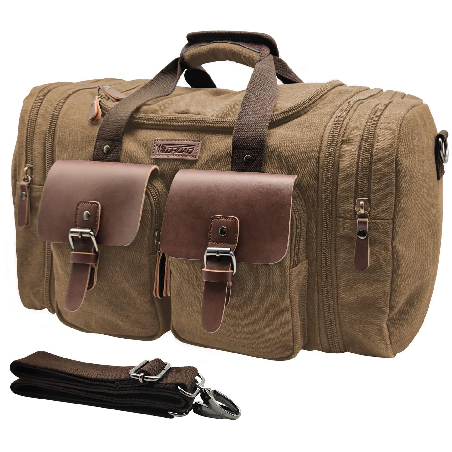 Wildroad 50L Travel Duffel Bag, Expandable Canvas Genuine Leather Duffle Bag Upgraded Overnight Weekender Carry on Bag
