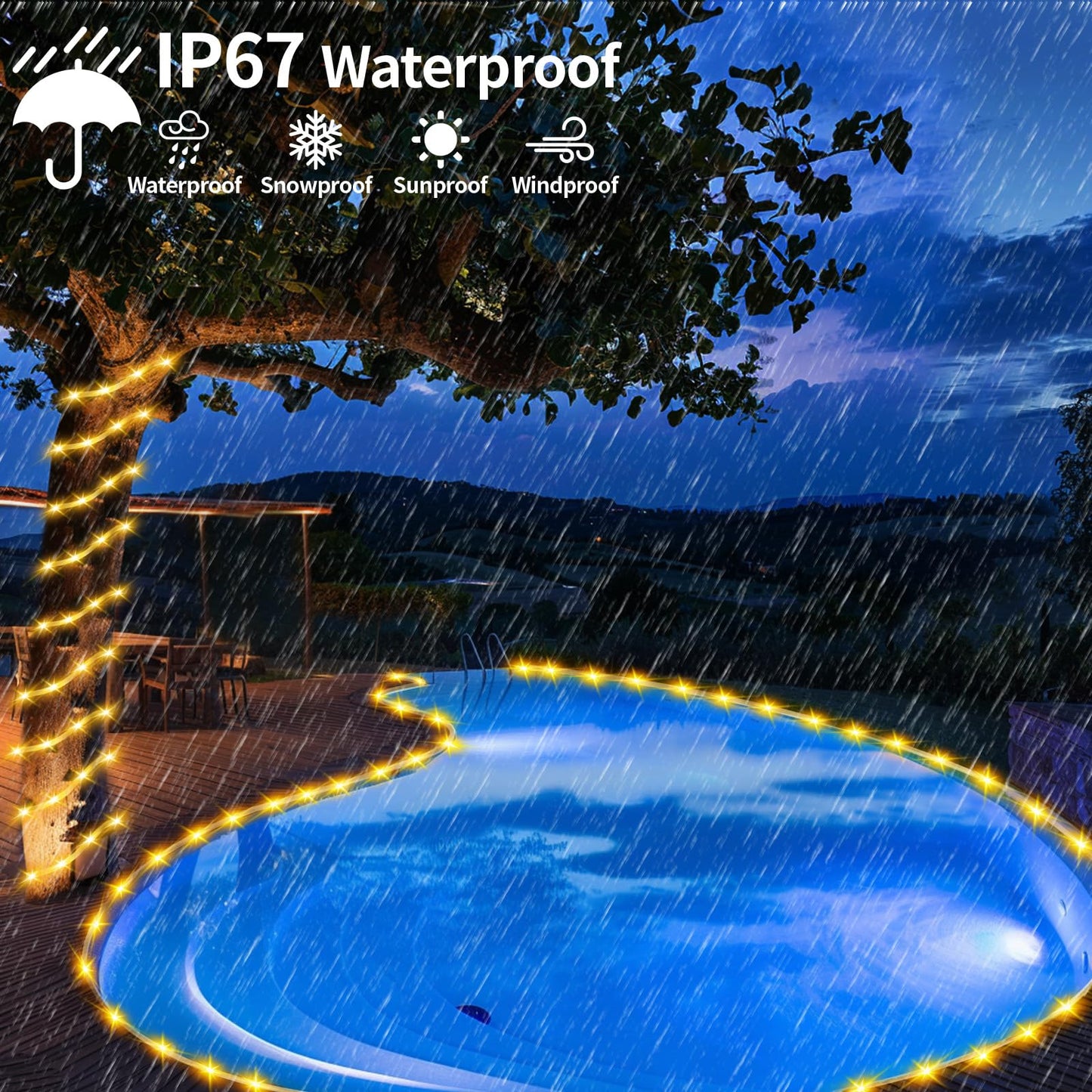 LairtPOW Solar Rope Lights with Remote for Palm Tree,39FT 100LEDs Outdoor Solar Strip Lights for Garden,IP67 Waterproof,USB Charging, Timing & 8 Modes Larger Tube Fairy Light for Christmas(Warm White)