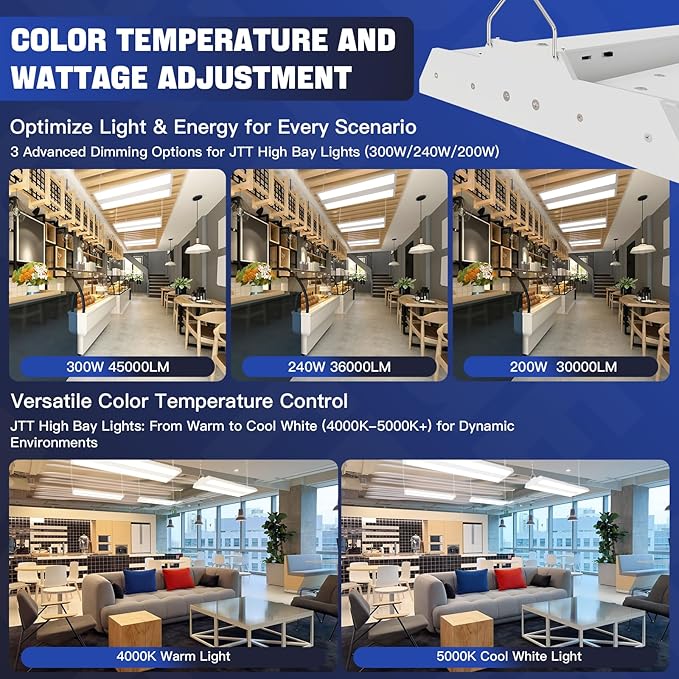 JTT 300/240/200W LED Linear High Bay Light, 45000LM Linear High Bay Shop Light Commercial 120-277V, 4/5000K Lights Shop Workshop Store Commercial Supermarket Warehouse Basement, 1-Pack ETL