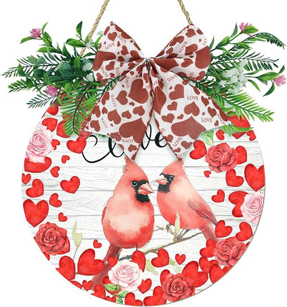 Valentine’s Cardinal Door Sign for Front Porch Farmhouse Love Birds Round Wood Hanging Signs with Hearts Roses and Bow Romantic Rustic Welcome Door Wreath Home Decoration for Couples 12 Inch