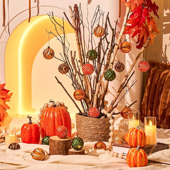 JORNOY Fall Ornaments for Tree, Shatterproof Plastic Baubles with Lanyard, Classic Autumn Hanging Balls Set for Thanksgiving Christmas Home Decor, 2.36 inch/60mm, Orange