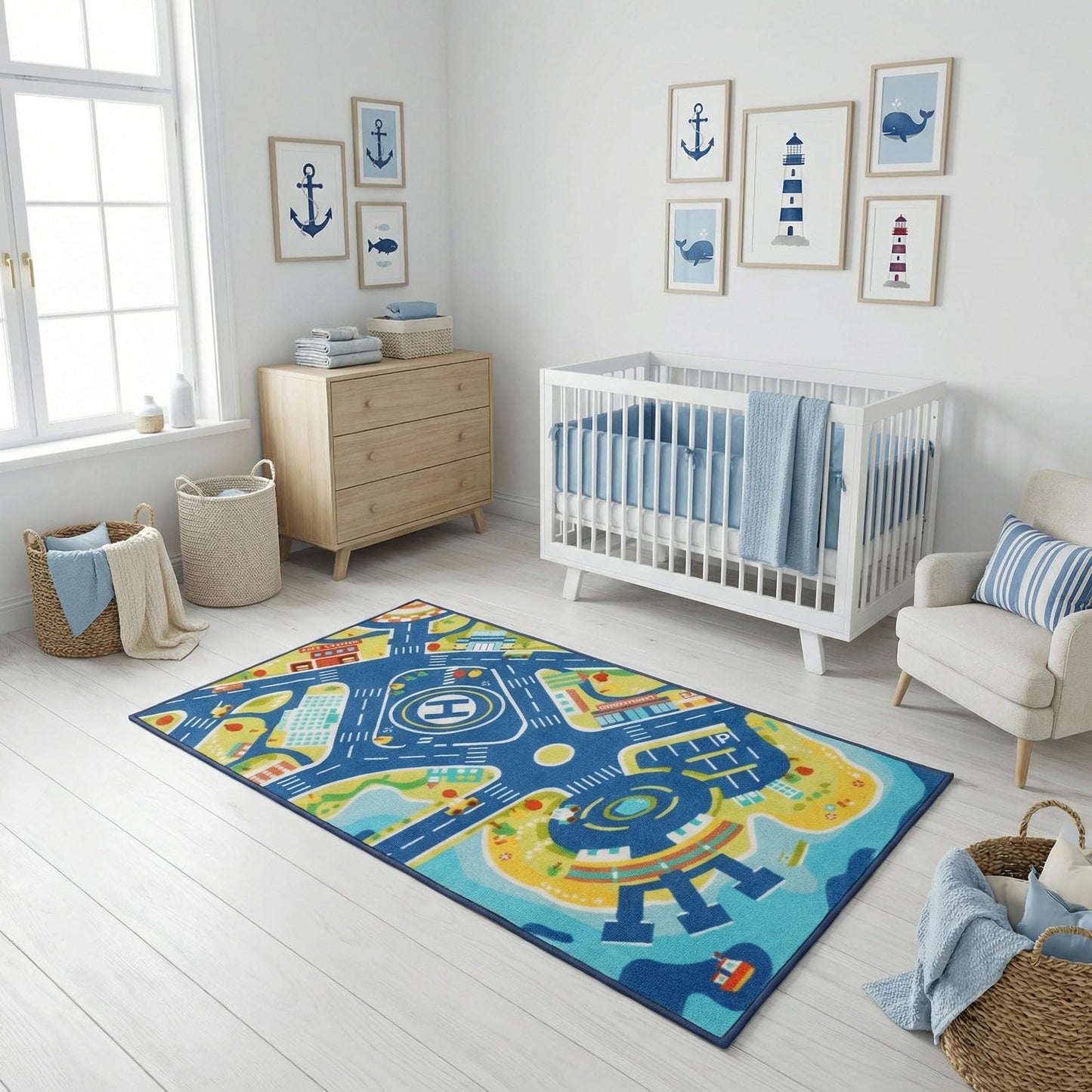 saihe Harbor Town City Road Play Rug for Kids: 27.5" x 51" Educational Blue Road Town Map Area Rug, Machine Washable Non-Slip TPR Backing | Interactive Play Mat for Playroom & Classroom
