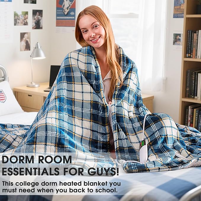 Heated Electric Blanket Twin Size,62X84 Heating Blanket with 10 Heats Levels&8 Hours Auto Off&Timer,Blue Plaid Soft Cozy Sherpa Blankets Warmer Gifts for Grandma Women Adult,Fast Heating Washable