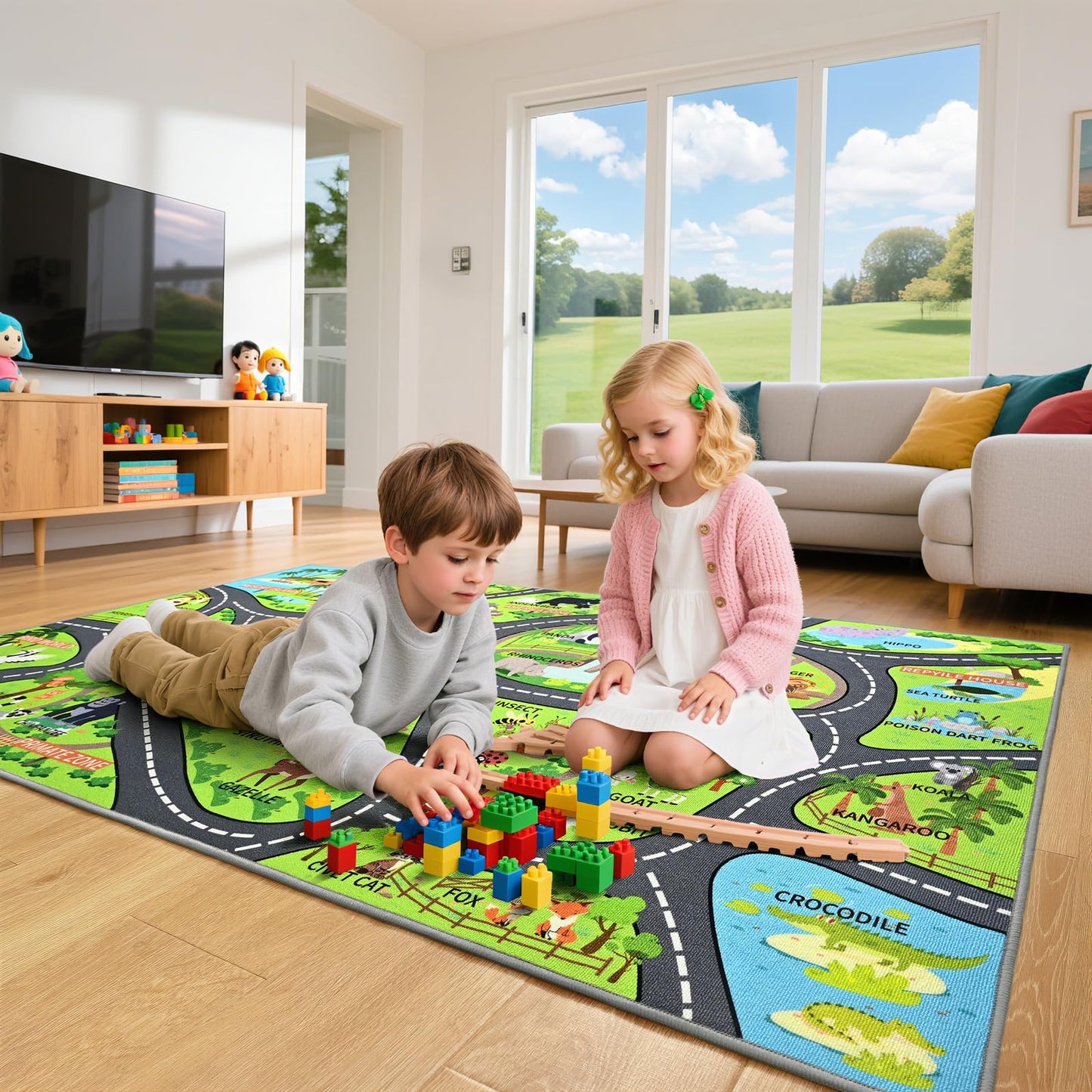 B BENRON Zoo Adventure Kids Car Rug, Cute Animal Play Mat with Non-Slip Backing, Kids Carpet with Lions, Tigers & Giraffes for Educational and Fun Playtime, 60"x36"