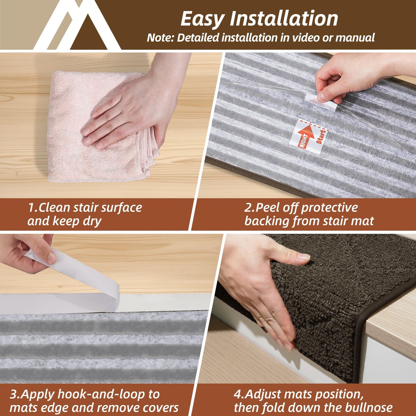 COSY HOMEER Bullnose Carpet Stair Treads, 3 Pack Peel and Stick Non-Slip Stair Treads for Wooden Steps Indoor, 11" x 30" Washable Pet Friendly Stair Runner with Edge Protection for Kids Elders, Brown