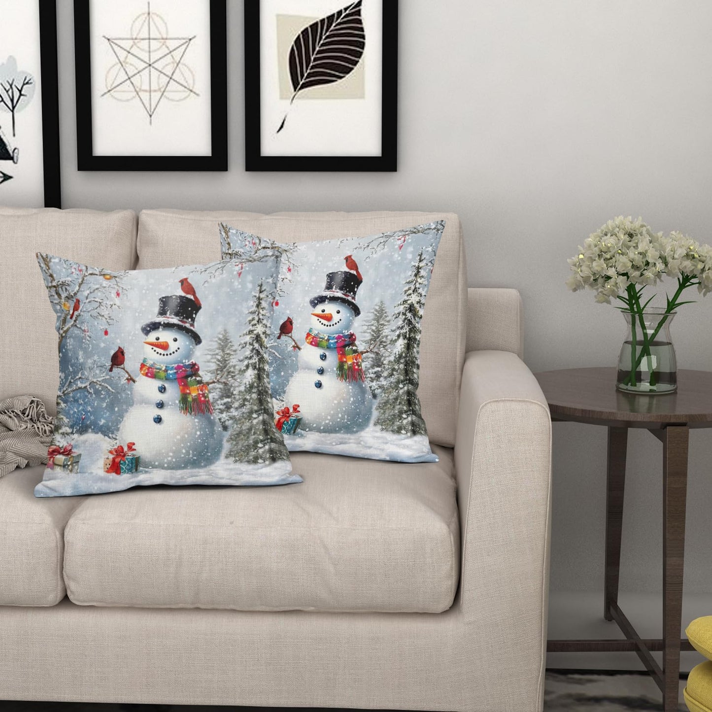 Evlaschin Snowman Pillow Covers Set of 2 Winter Snowflakes Birds Christmas Decorative Throw Couch Pillowcases Cotton Linen Double Sided 20x20 Inches Xmas Trees Holiday Indoor Outdoor Cuchion Covers