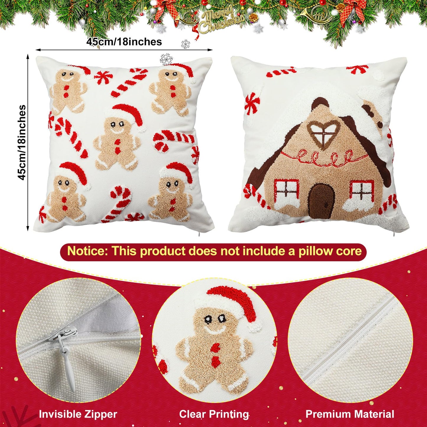 Breling 2 Pack Christmas Pillow Covers 18 x 18 Inch 3D Embroidered Gingerbread Man Throw Pillow Cover Christmas Gingerbread House Tufted Cushion Case Decorative Holiday Decor for Home Couch Bed Sofa