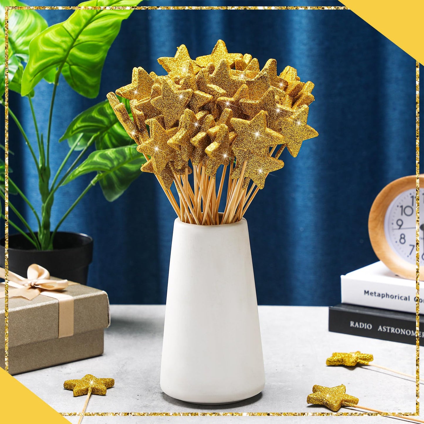 Suzile 60 Pcs Golden Star Floral Pick 8'' Star Centerpiece Table Decor Gold Graduation Glitter Craft Stick Sparkly Foam Stem for Floral Arrangement Wreath Wedding Bridal Baby Shower Birthday