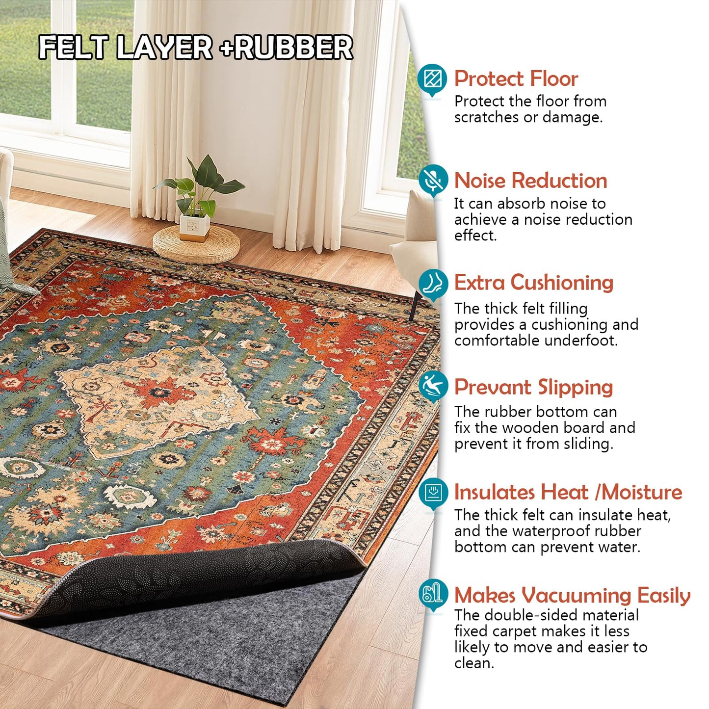 Waterproof Rug Pad, 8x10 Ft Under Area Rug Carpet Pad, Non Slip Rug Pads for All Floors and Hardwood Floors Finishes, Keep Carpets in Place Soft and Prevent Rug from Wrinkling or Buckling