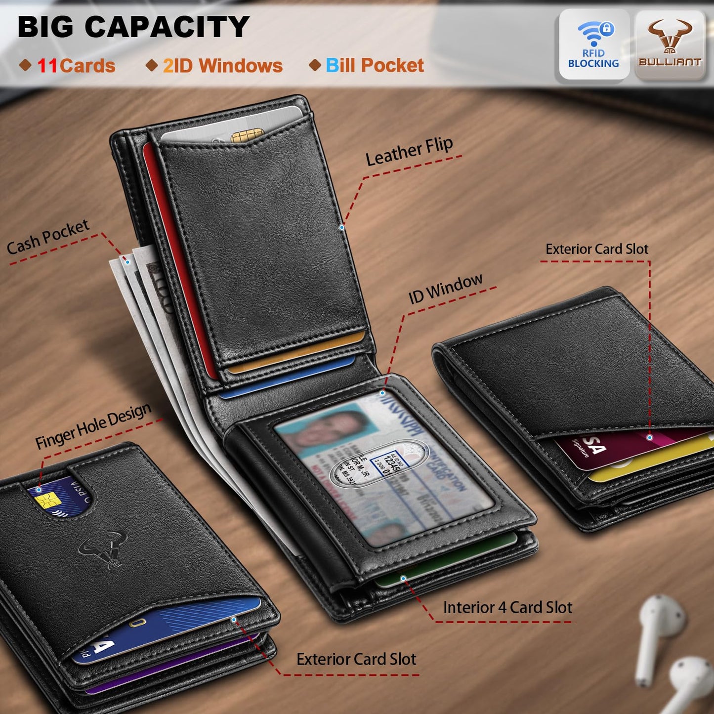BULLIANT Men Wallet, Slim Leather Wallet Front Pocket Card Holder Gift For Men 11 Slots RFID Blocking
