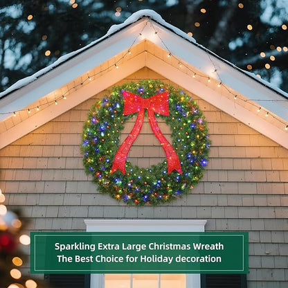 48in Prelit Christmas Wreath - Large Outdoor Christmas Wreath with Lighted Red Christmas Bow, Metal Hook, 714 Branch Tips & 250 Multicolor LED Lights for Front Door Window Holidy Decor