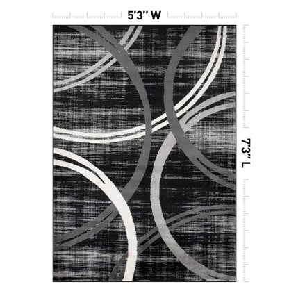Rugshop Modern Wavy Circles Design Area Rug, Carpet with Jute Backing for Living Room, Bedroom, or Home Office, Black, 5'3" x 7'3"