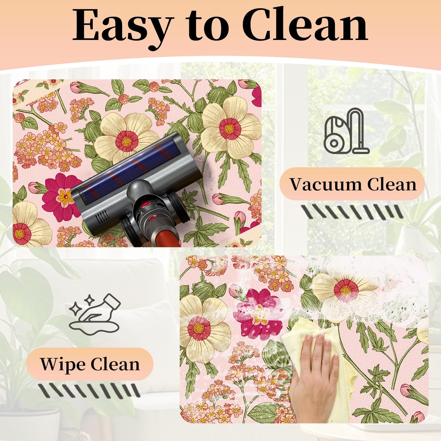CHICNOOK Non-Slip Kitchen Mats, PVC Anti-Fatigue Kitchen Rugs Set of 2, Floral Runner Rugs for Kitchen Sink Area, Office, Hallway, Laundry, Entryway, Bedroom, 18x30,18x48 Inch,Pink