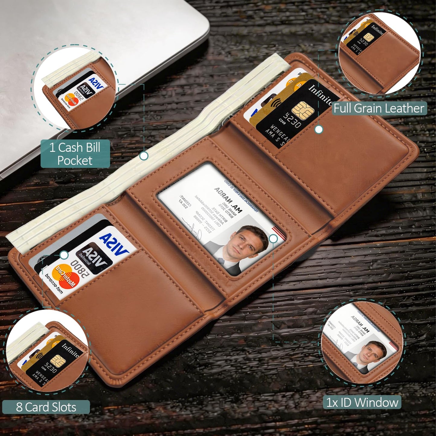 YOKALTHER Trifold wallets for Men, RFID Blocking Trifold Wallets, Mens Genuine Leather Trifold Wallets, 8 Card Slots and ID Window, Slim Durable and Easy to Carry