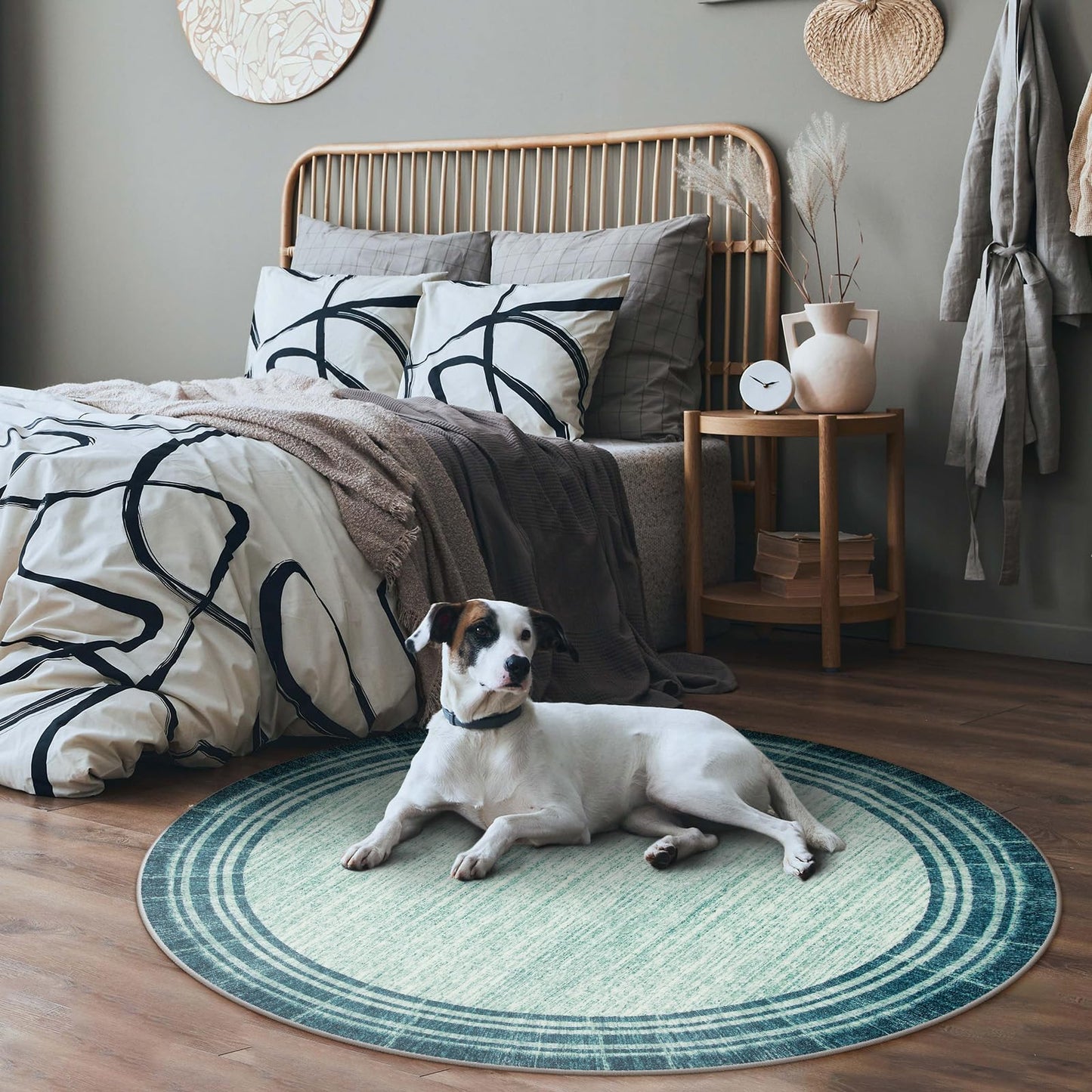 Lahome Amabel Abstract Round 4ft Entryway Rug, Washable Teal Entry Rugs Non Slip Circle Kitchen Carpet, Minimalist Border Dining Room Rug Indoor Room Carpet for Under Chair Coffee Table Entrance Mats