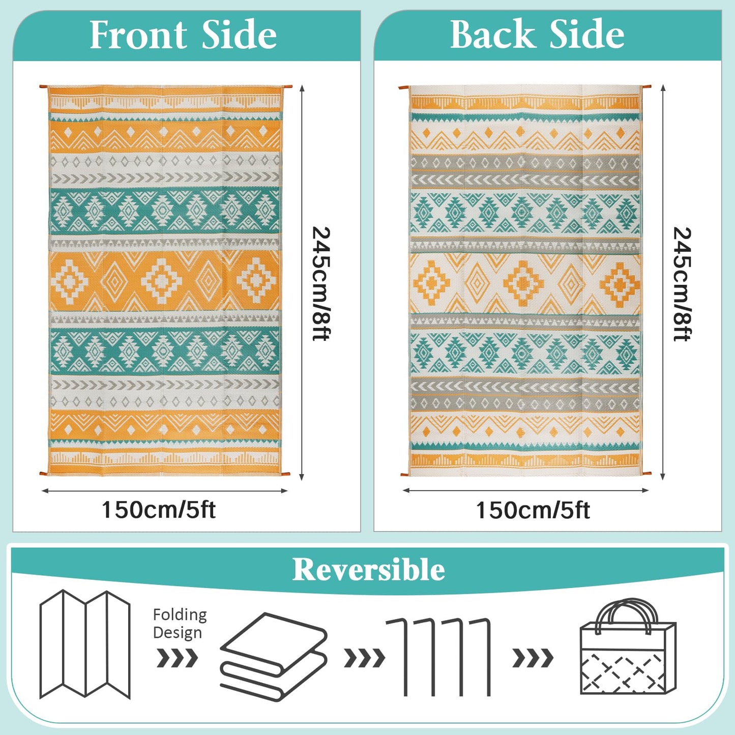 Outdoor Rug 5x8 ft Waterproof Reversible Plastic Straw Patio Camping Rug, Portable Indoor Outdoor RV Mat Carpet for Deck, Camper, Porch, Balcony, Backyard, Picnic, Yellow