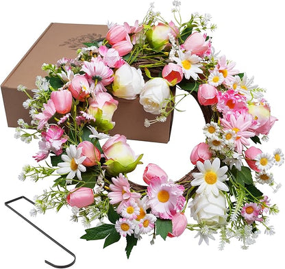 Spring Summer Wreath for Front Door 20”, Artificial Flower Door Wreath with Pink White Roses Tulip Dasiy Wreaths with Hook for Windows Wall Deco Indoor Outdoor
