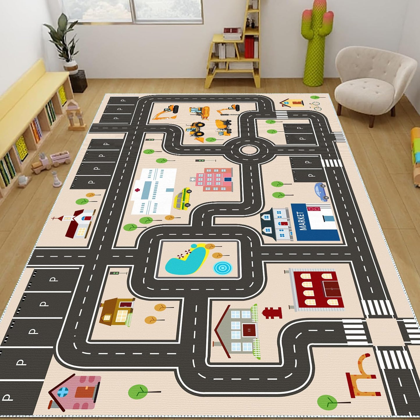 Jngred Kids Car Rug Playmat with Non-Slip Rubber Backing，Car City Life Road Carpet，Child Car Traffic Rugs ，Train Track Play Mat(80×120cm/32×47in)