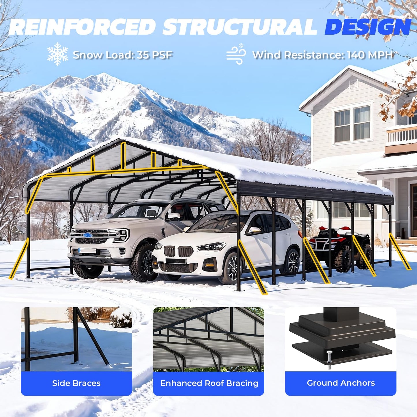 EROMMY 20x30 FT Heavy Duty Metal Carport with Reinforced Steel Braces & Galvanized Steel Roof and Frame, Sturdy Car Shed in All Weathers, Easy Assembly Car-Shelter for 2 Cars, SUV, Tractors and Boat