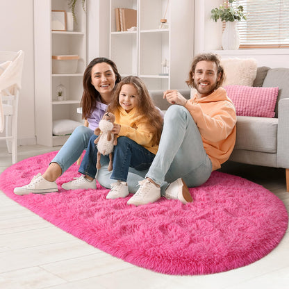 LOCHAS Bedroom Rug 2.6' x 5.3', Hot Pink Fluffy Shaggy Area Rug for Bedroom Bedside, Soft Oval Throw Rugs Carpet for Kids Girls Nursery Living Room Home Decor