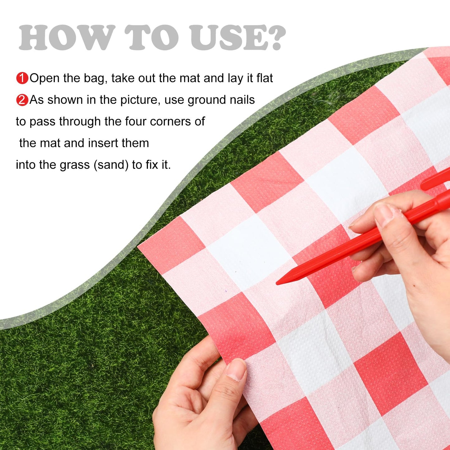 HunnmingRe 6 Pcs Disposable Outdoor Picnic Blankets 71''x71'' Thicken Foldable Waterproof Picnic Mats Bulk Gingham Oil Proof Camping Blankets with 4 Ground Spikes Beach Travel(Red and White)