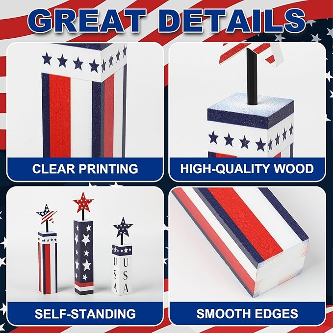 COCHIE 4th of July Decorations Set, Red White Blue Decor, Wooden Patriotic Memorial Day Tiered Tray Decor, Labor Day Decorations, Fourth of July Decoration for Home Office Table (Flag Printed)
