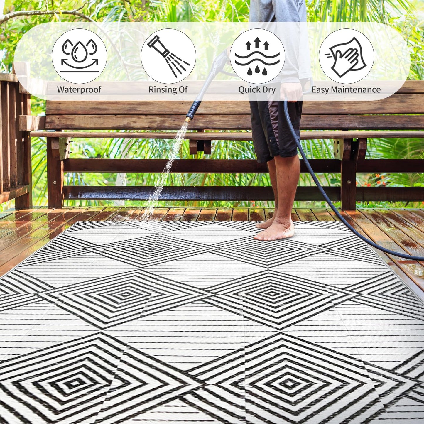 Waterproof Outdoor Rug 5x8ft, Foldable Reversible Plastic Straw Mat for Patio RV Deck Porch Backyard Balcony Camping Picnic Beach Indoor Outdoor Carpet, Black&White